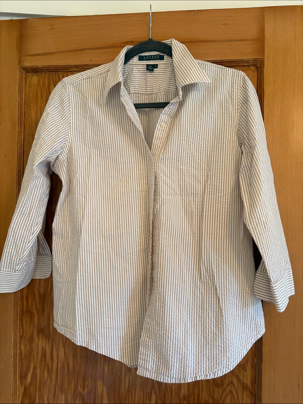 Lauren Ralph Lauren Women's Striped Button-Up Shirt in White and Tan